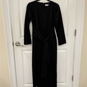 Veiled Black Long Sleeve Tie-Waist Dress